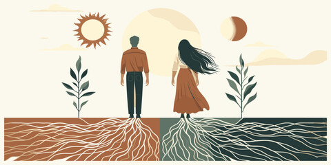 A symbolic illustration of a couple with intertwined roots representing a deep connection, duality, and balance between masculine and feminine energy