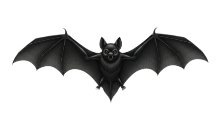 A black bat with wings spread, flying against a white background.