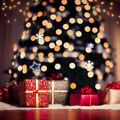 Warm Festive Christmas Scene with Gift Boxes and Bokeh Christmas Tree Lights