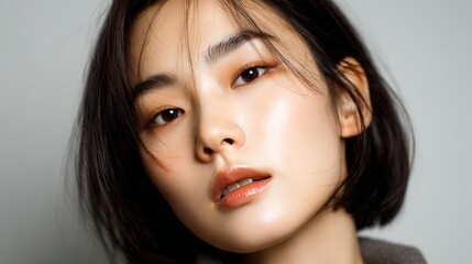Naklejka premium Close-up of a young woman with beautiful skin showcasing natural makeup and a thoughtful expression in a neutral-toned setting