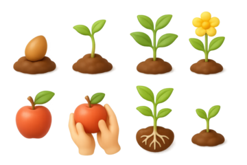 Growth stages of plants and apples with roots and hands holding fruit