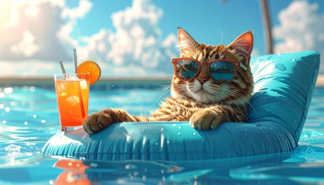 A cool cat lounges in a pool float with sunglasses and a drink, embodying summer vibes and relaxation. calm