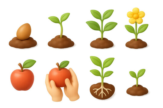 Growth stages of plants and apples with roots and hands holding fruit