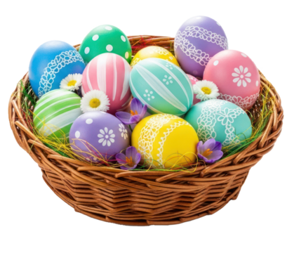Basket of colorful Easter eggs with daisies and flowers in a wicker basket on a white background.