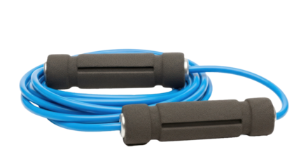 A blue jump rope with black handles on a white background.