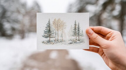 Hand Holding Watercolor Winter Landscape Art in Snowy Forest