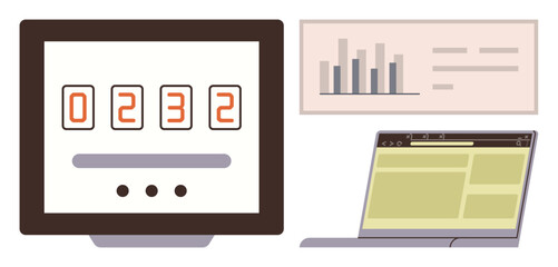 Counter on a monitor, bar graph with data, and open laptop browser screen. Ideal for technology, analytics, business, presentation, marketing data analysis workflows. A simple flat metaphor