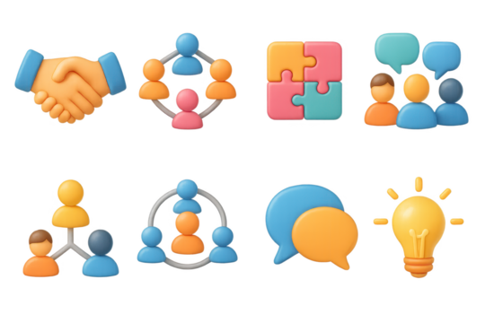 Colorful icons of teamwork, communication, and collaboration concepts