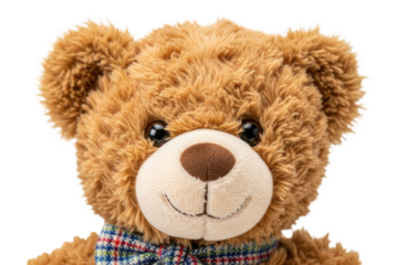 A brown teddy bear with a blue and white checkered bow tie on a white background.