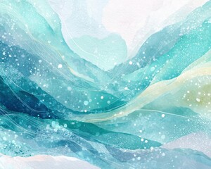 Abstract Ocean Waves Watercolor Art with Turquoise Hues