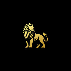 A golden lion stands proudly against a stark black background, showcasing its majestic form.