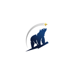 A dark blue bear silhouette reaching for a gold star with a curved silver trail on a white background.