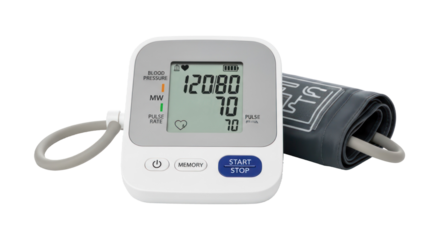 A digital blood pressure monitor with a grey and white color scheme, displaying various health metrics on its screen.