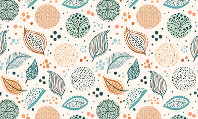 Hand-Drawn Boho Botanical Leaves Seamless Pattern Vector