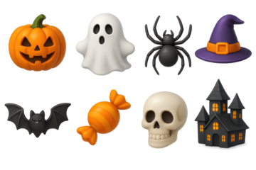 Halloween icons: pumpkin, ghost, spider, witch hat, bat, candy, skull, haunted house
