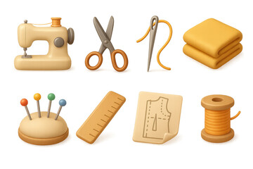 Vintage sewing icons collection: machine, scissors, needle, thread, fabric, and notions