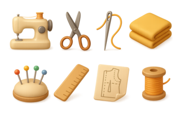 Vintage sewing icons collection: machine, scissors, needle, thread, fabric, and notions