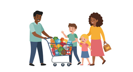 Happy Family Shopping for Groceries Together in a Cart