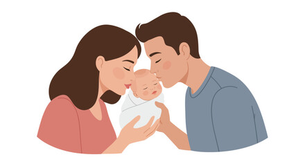 Loving Parents Kissing Newborn Baby Illustration