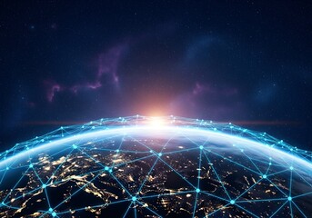 Global Network Connection Digital Data Transfer Over Earth with City Lights and Futuristic Constellations in Space, Technological Advancement and Cosmic Connectivity