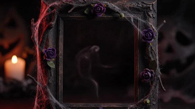 Halloween Frame with Roses and Cobwebs - A dark wooden frame is decorated with purple roses, branches, and cobwebs, creating a spooky Halloween aesthetic.