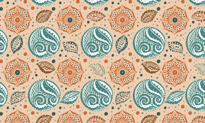 Hand drawn boho geometric seamless pattern with zentangle and doodle details, Abstract ethnic vector background in earthy terracotta and teal colors
