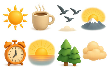 Sunrise, nature icons, coffee, birds, mountain, alarm, trees, clouds