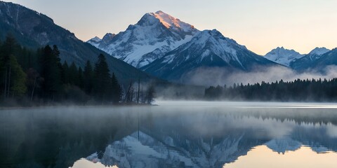 A calm alpine lake perfectly reflecting snow-capped mountains under a glowing dawn sky, mist curling across the surface, ultra-realistic mirror symmetry.