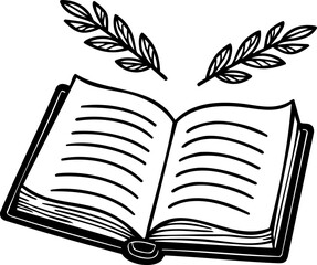 Elegant black and white line art of an open book with two delicate leafy branches beside it. Minimalist botanical contour illustration in clean hand-drawn style