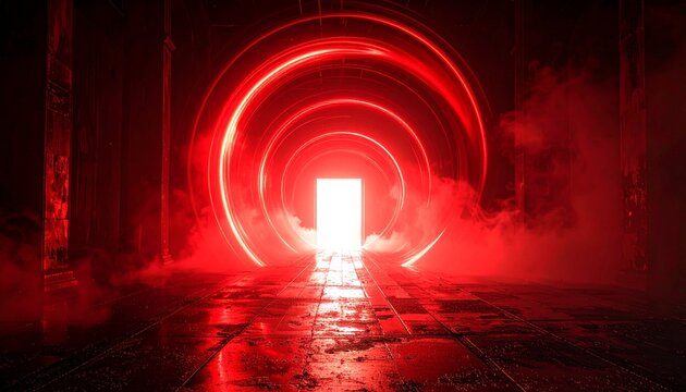 A glowing red portal pulses in a decaying hallway, shrouded in smoke and supernatural tension.