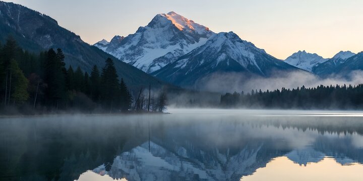 A calm alpine lake perfectly reflecting snow-capped mountains under a glowing dawn sky, mist curling across the surface, ultra-realistic mirror symmetry.