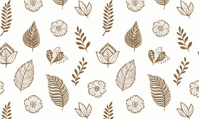 Hand drawn Scandinavian folk art botanical seamless vector pattern with leaves and flowers