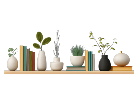Wooden shelf with books and plants isolated on a transparent background