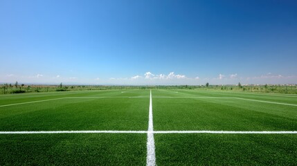 Bright Green Soccer Field Under Clear Blue Sky Surrounded by Open Landscape and Distant Mountains