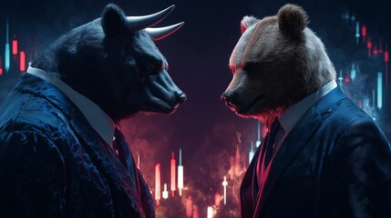 Dramatic bull and bear in suits confront each other on a trading floor amidst volatile market energy and neon candlesticks