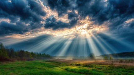 Dramatic Sky with Sunbeams Over Lush Green Landscape at Dusk