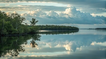 Fototapeta premium Serene Landscape with Clouds and Reflections on Calm Water