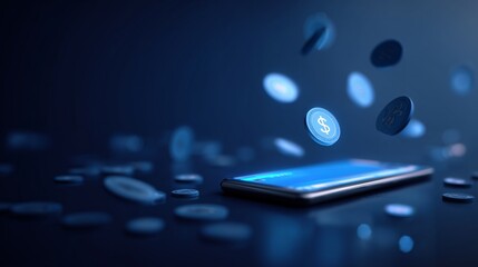Smartphone mock up with floating digital coins representing financial transactions and investments