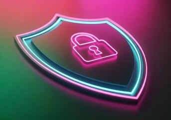 Neon Cyber Security Shield with Padlock, Futuristic Digital Protection, Glowing Pink and Blue, Data Privacy, Modern Tech, Dark Background