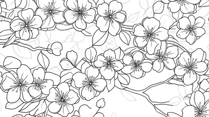 Fototapeta premium Seamless Floral Pattern, Black and White Cherry Blossom Branches, Botanical Illustration, Repeating Design, Coloring Book, Digital Art