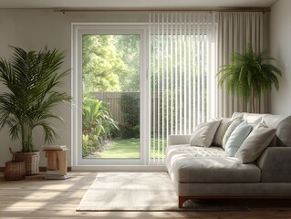 Obraz premium Bright, modern living room with light oak floors and elegant beige vertical blinds covering a large sliding glass door revealing a sunny garden.