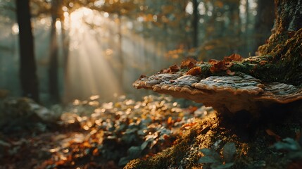 Fototapeta na wymiar Cinematic close-up of a large bracket fungus on a mossy tree trunk in a magical autumn forest during golden hour, with brilliant sunbeams.