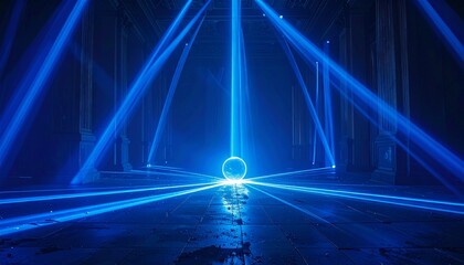 A glowing blue sphere floats in a neon-lit tunnel, radiating symmetry and digital depth.