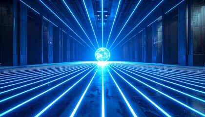 A glowing blue sphere floats in a neon-lit tunnel, radiating symmetry and digital depth.