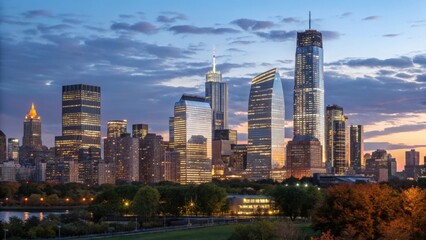 Obraz premium Stunning Urban Skyline at Dusk with Glowing Buildings and Clouds