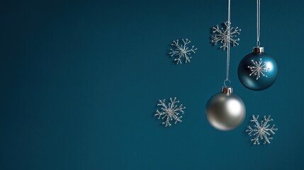 A deep teal background adorned with Christmas ornaments and snowflakes, creating an elegant winter-themed design suitable for holiday advertisements or social media banners.