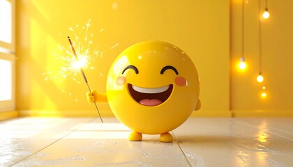 A cheerful yellow character celebrates with a sparkler in a sunlit, golden-hued room.
