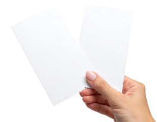 Hand holding two blank white paper tickets or slips of paper isolated on transparent background
