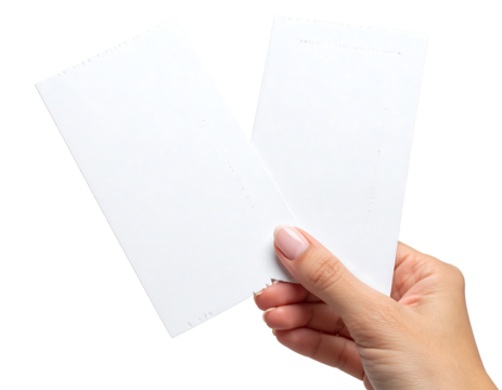Hand holding two blank white paper tickets or slips of paper isolated on transparent background