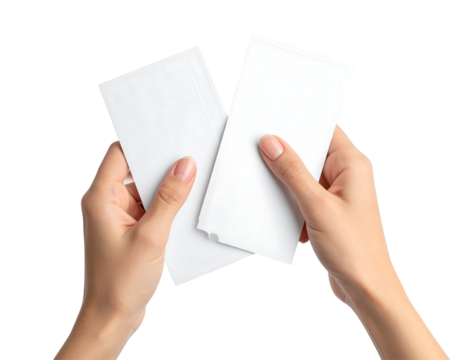 Two blank white paper tickets held in a person s hands isolated on transparent background - Powered by Adobe